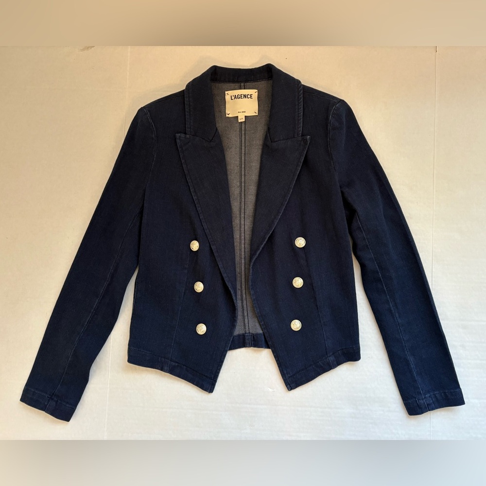 L’AGENCE Dark Blue Denim Open Front Wayne Blazer Jacket Buttons Preppy Classic S